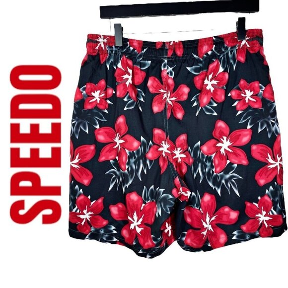SPEEDO Men's Board Shorts Swim Trunks Black Red Hawaiian Floral, Size M - Picture 3 of 9